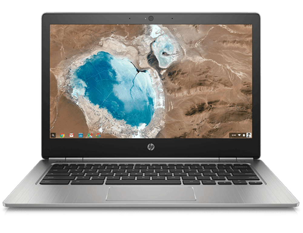 HP Chromebook displaying aerial desert landscape wallpaper

