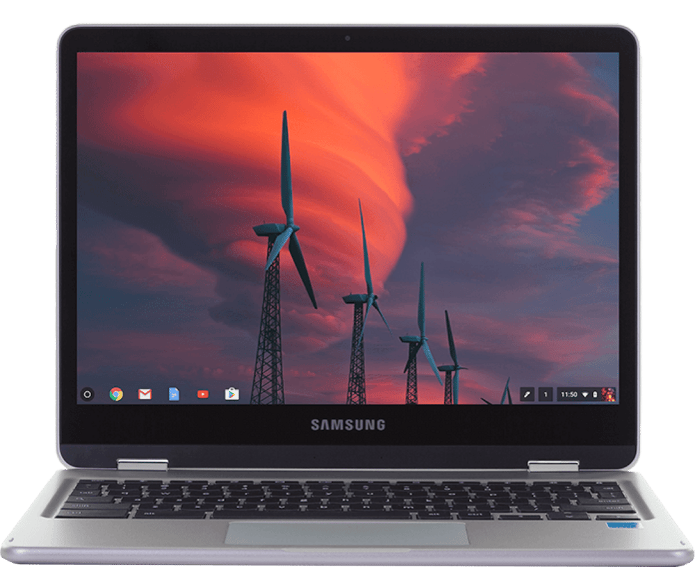 Samsung Chromebook showing wind turbines on a sunset background

