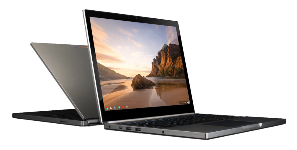 Two sleek modern laptops facing opposite directions on white background

