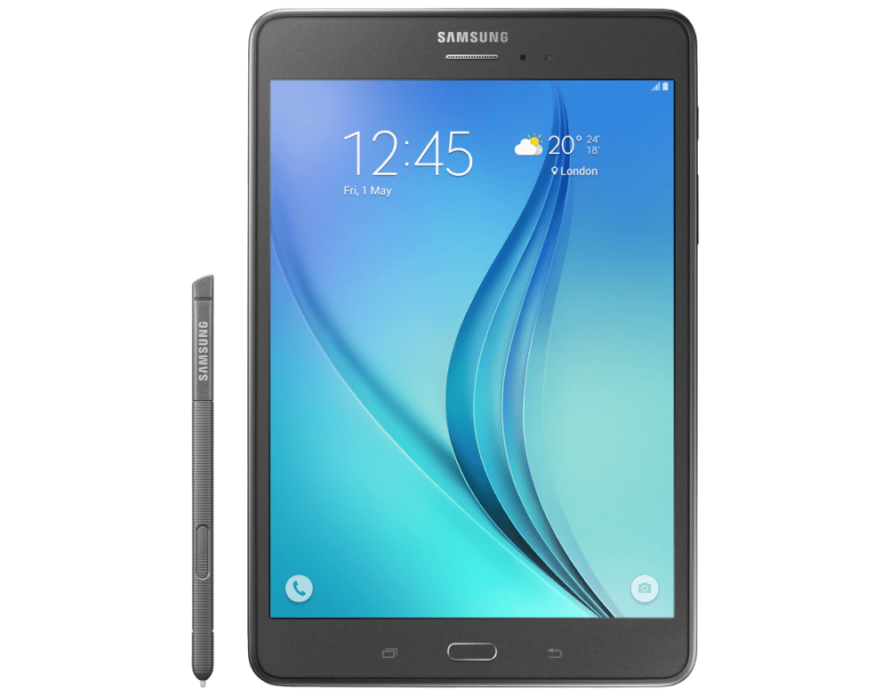 Samsung Galaxy Tab A with stylus and blue home screen

