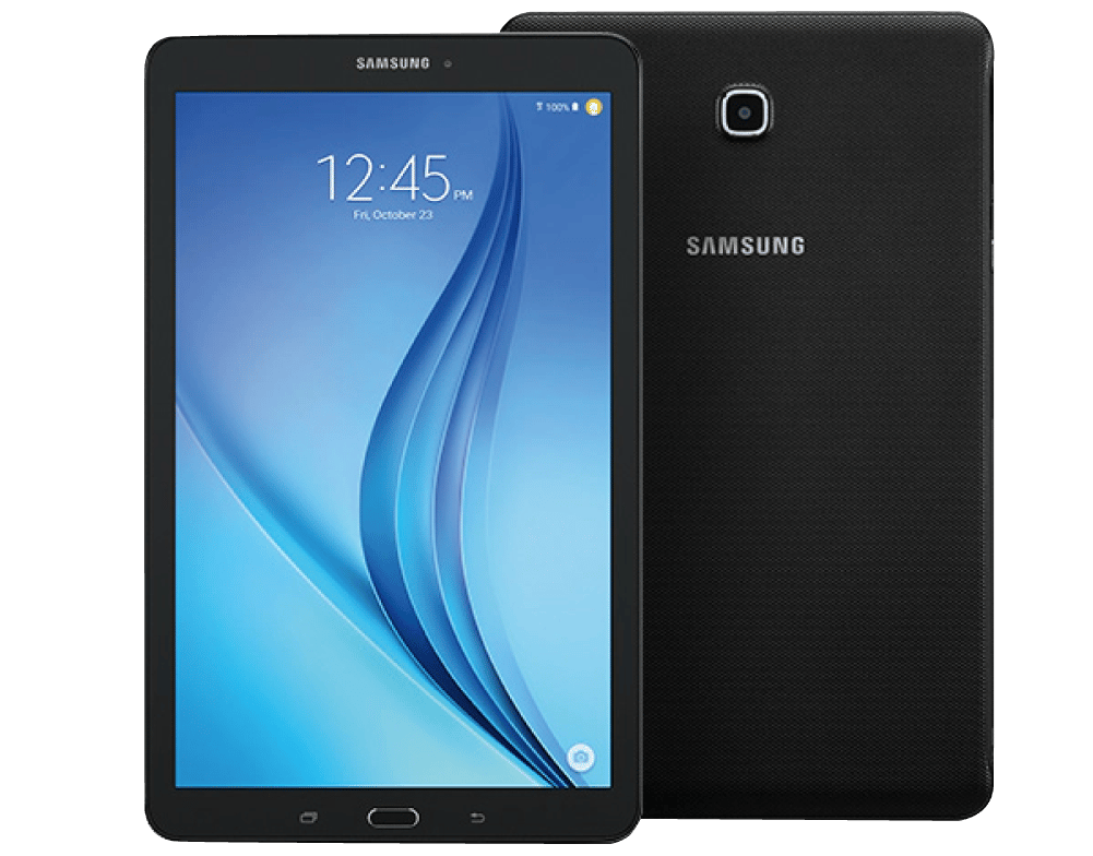 Samsung Galaxy Tab E front and back view with black casing

