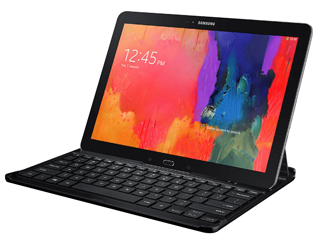 Samsung Galaxy Tab Pro with keyboard attachment and vibrant display

